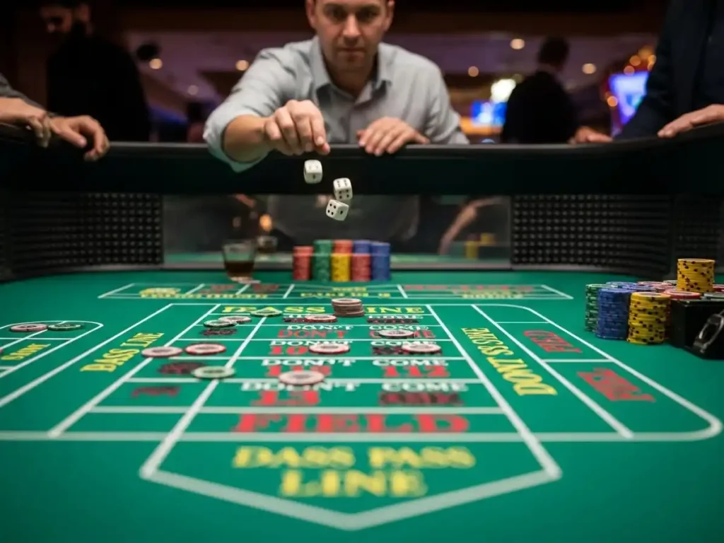 Person playing at a standard craps table in golden dragon casino, placing bets while dice roll across the table.