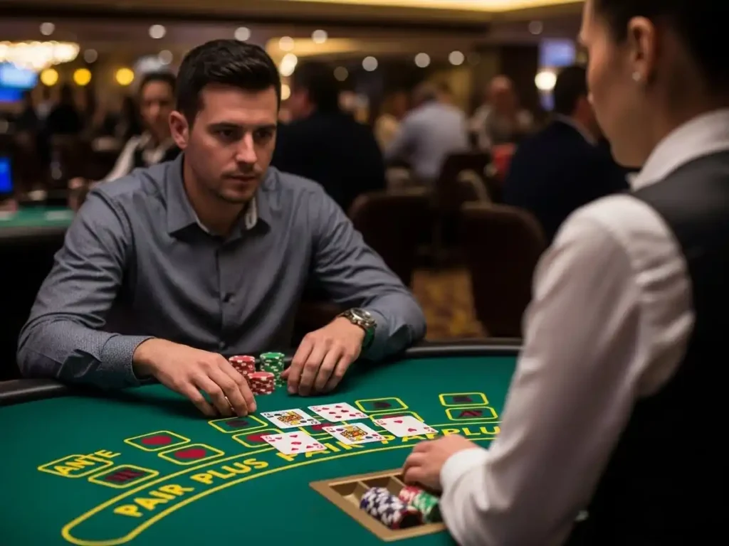 Three Card Poker player reviewing cards at jk4 casino under vibrant casino lighting.