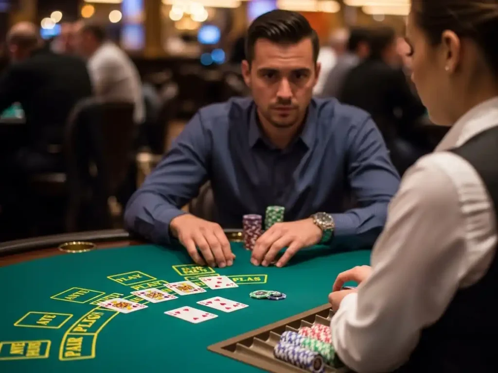 Casino player placing bets during a Three Card Poker round at jk4 casino table.