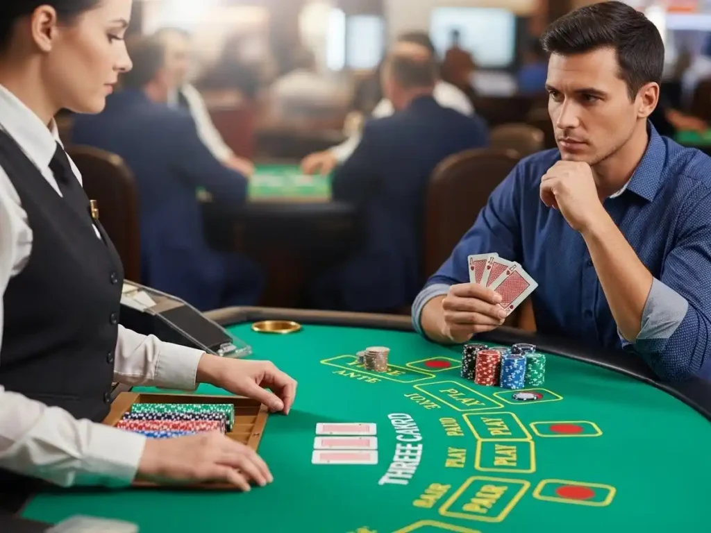 Focused casino player enjoying Three Card Poker at jk4 casino with cards and chips in view.