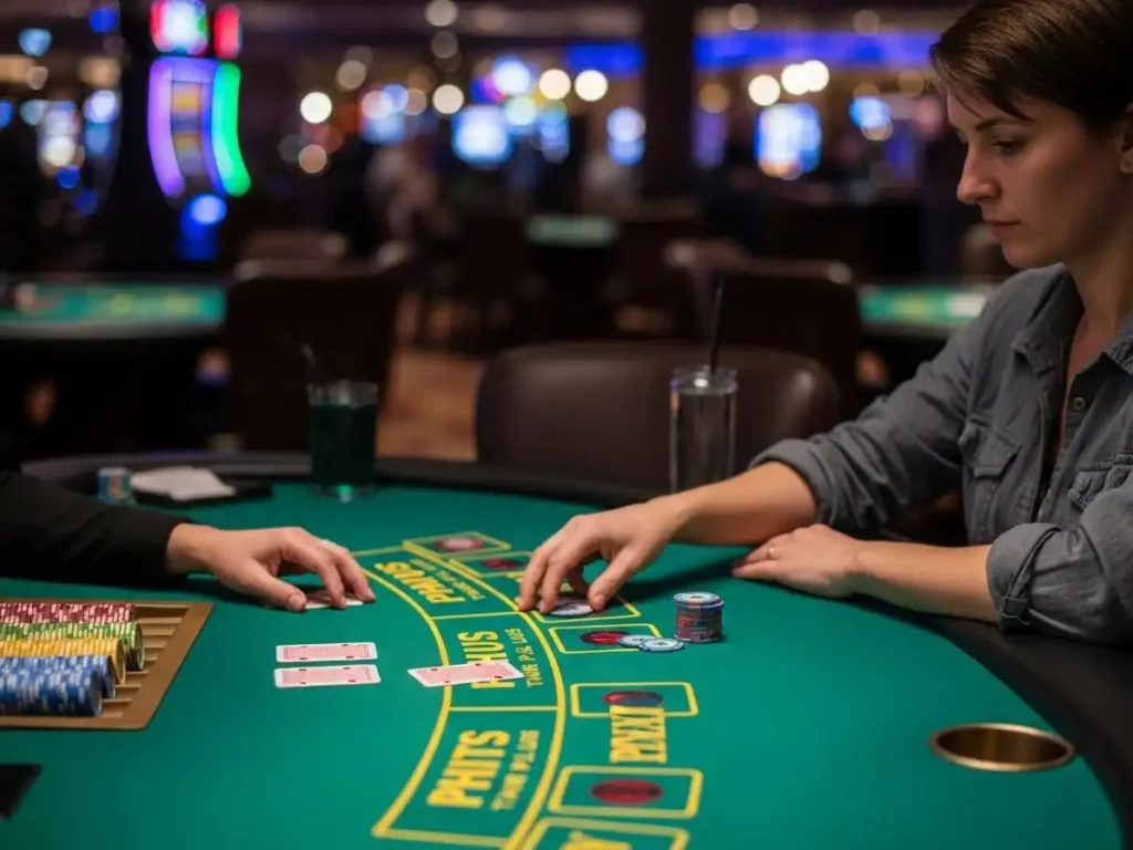 Person playing Three Card Poker at jk4 casino, holding cards and placing chips on a professional casino table.