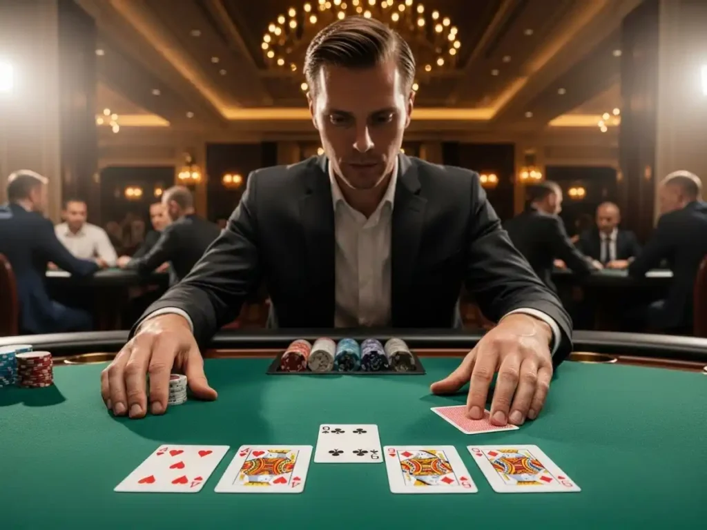 Excited player watching the outcome of a Red Dog hand at pera57 casino.