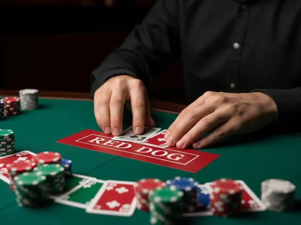 Casino guest holding cards while playing Red Dog at pera57 casino table.