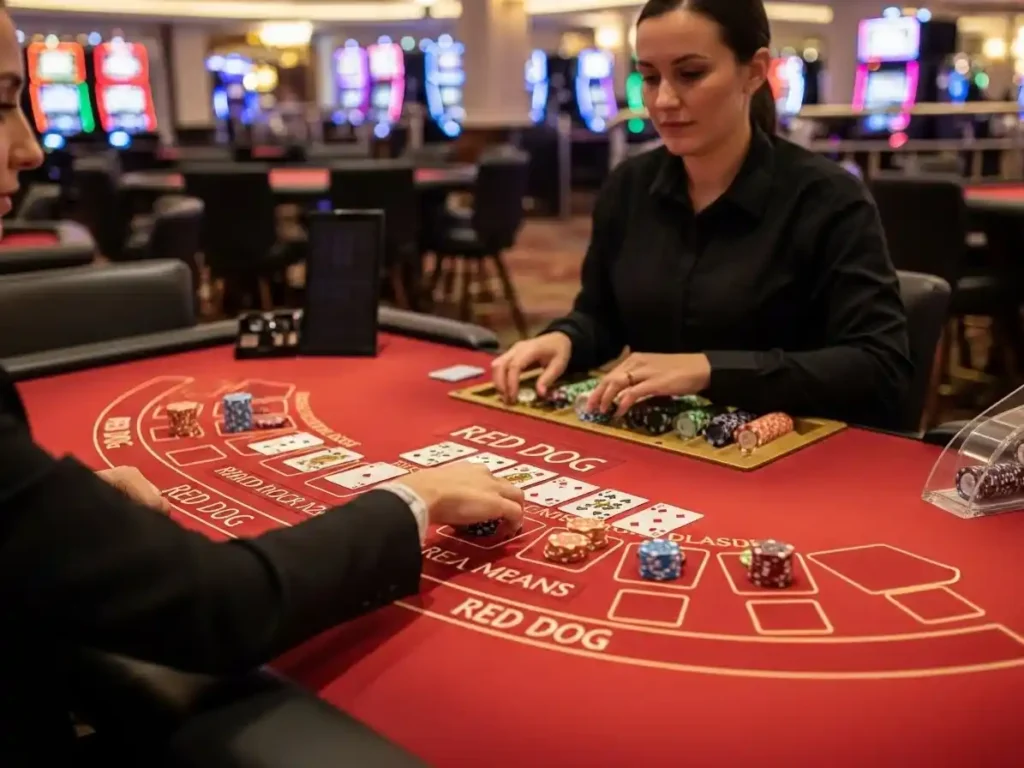Focused casino player betting during a Red Dog game at pera57 casino.