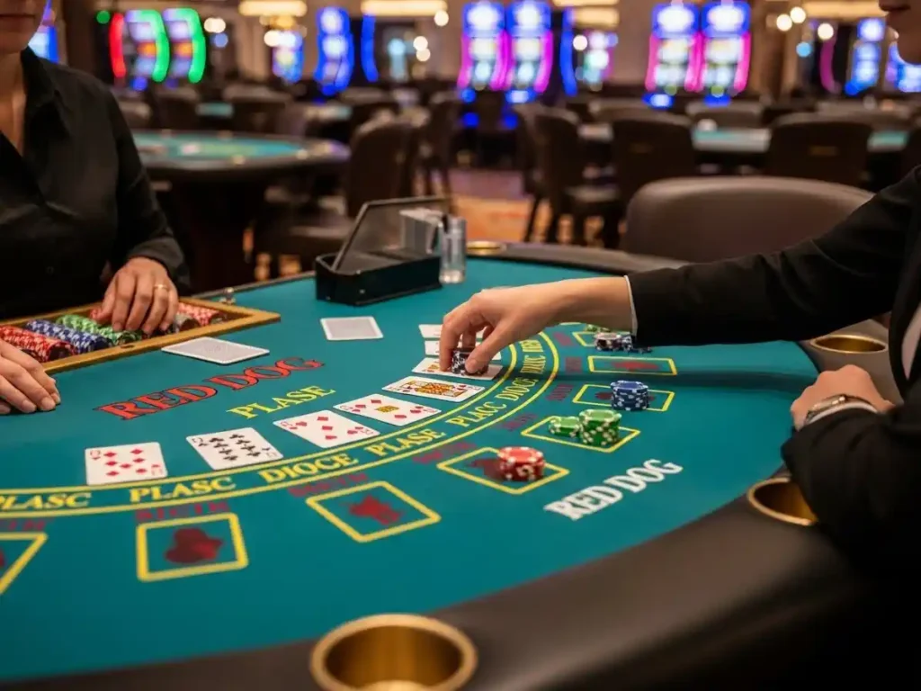 Person playing Red Dog card game at pera57 casino, placing bets at a classic casino table.