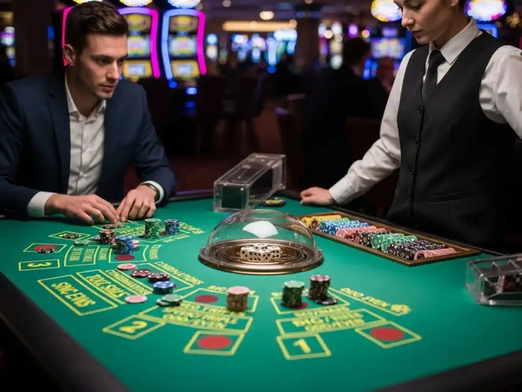 Excited player watching the dice roll during Sic Bo game at ph11 casino login casino floor.