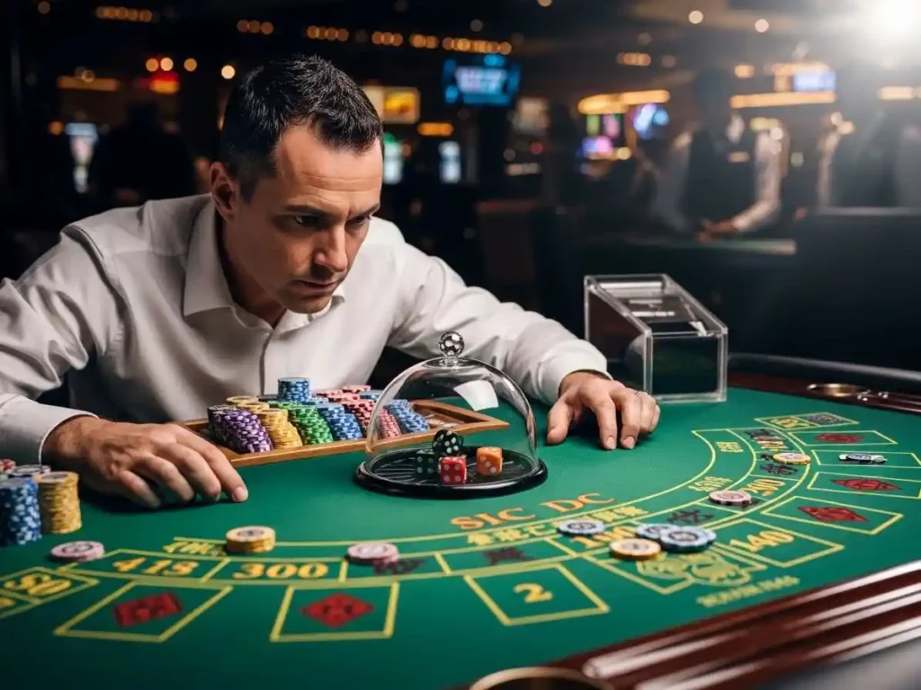 Casino guest placing bets on a Sic Bo table following ph11 casino login.