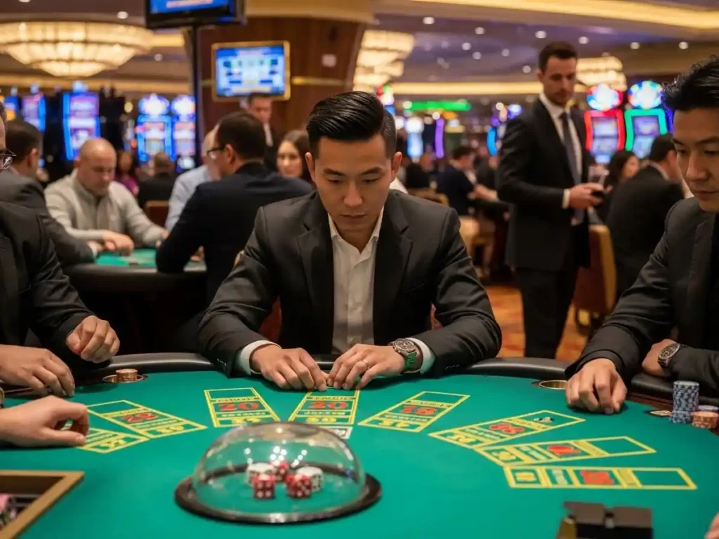 Focused player enjoying Sic Bo dice game at ph11 casino login gaming area.