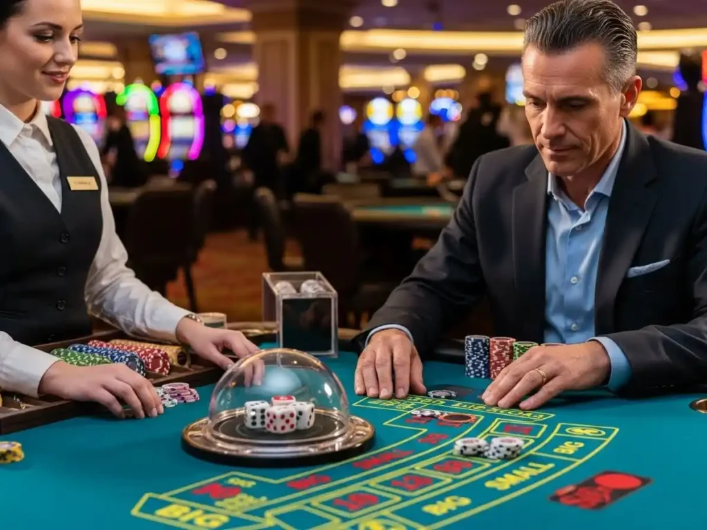 Person playing Sic Bo at a casino table after ph11 casino login, placing bets beside the dice layout.