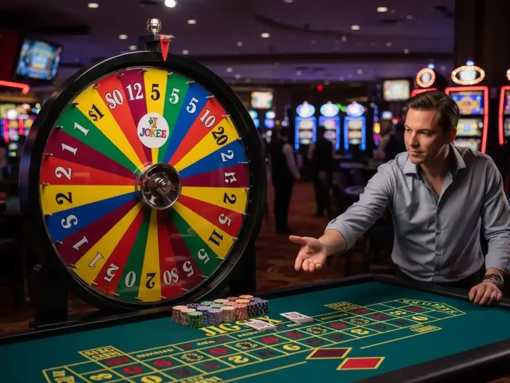 Excited player watching the Big Six Wheel spin at ph222 casino surrounded by casino lights.