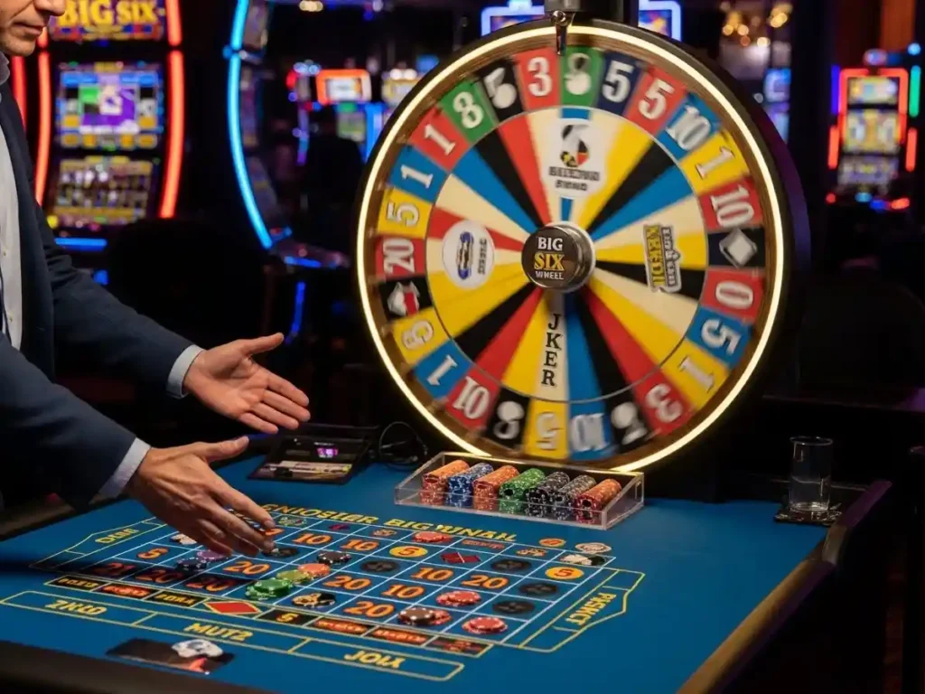 Casino visitor placing chips on a Big Six Wheel game at ph222 casino during an active round.