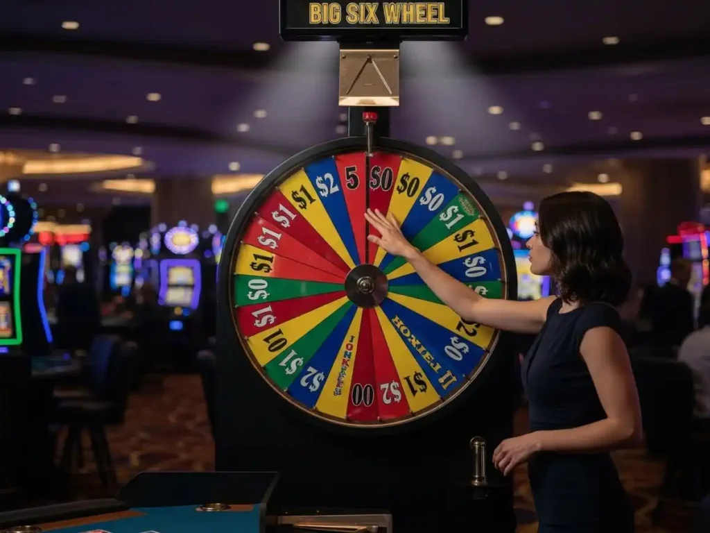 Person playing the Big Six Wheel at ph222 casino, placing bets as the wheel spins in a lively casino setting.