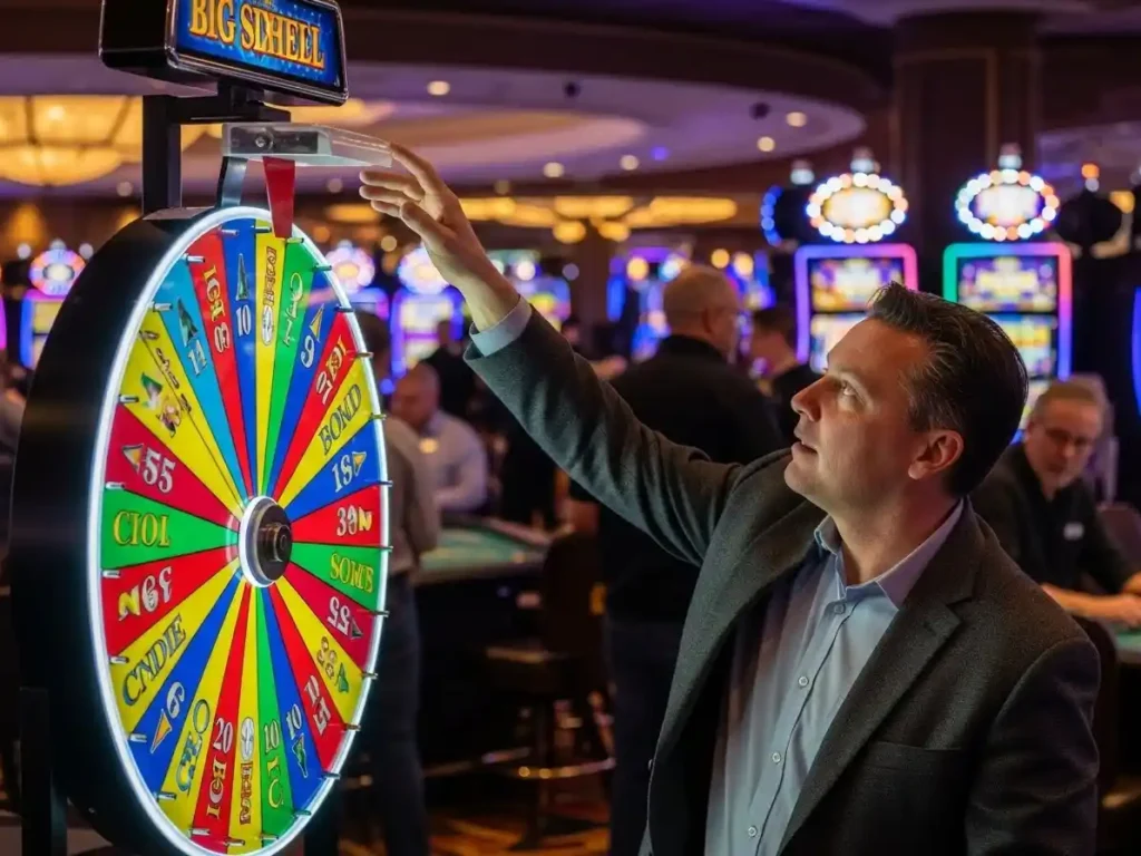Focused casino player betting on the Big Six Wheel at ph222 casino with colorful wheel segments in view.
