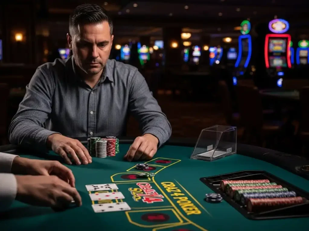 Player examining cards during a Crazy 4 Poker round at phjoy casino.