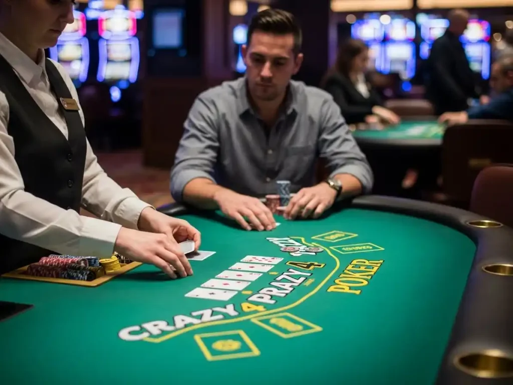 Casino enthusiast placing bets while playing Crazy 4 Poker at phjoy casino table.