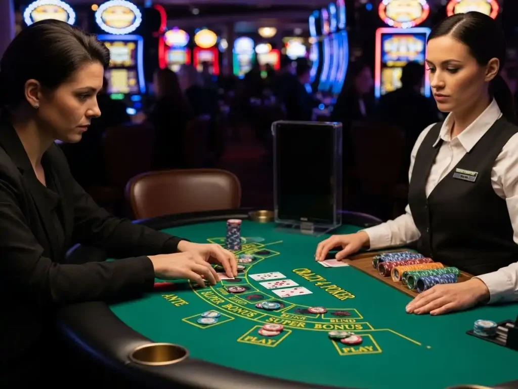 Focused casino player participating in Crazy 4 Poker at phjoy casino with cards and chips in play.
