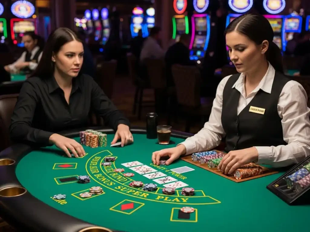 Person playing Crazy 4 Poker at phjoy casino, holding cards and placing chips on a modern casino table.
