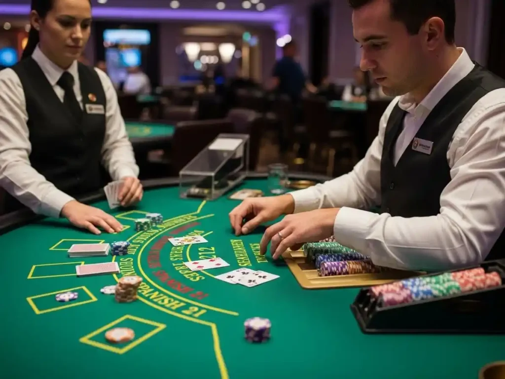 Excited gambler winning a hand of Spanish 21 at rich9 casino login, smiling over cards and chips on the table.