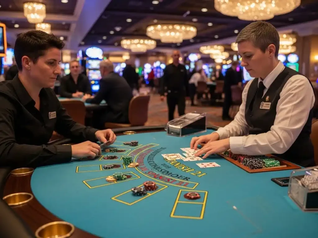 Player placing bets during a Spanish 21 round at rich9 casino login, surrounded by casino lights and table action.