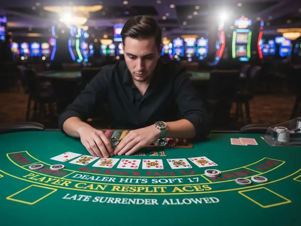 Person playing Spanish 21 at rich9 casino login, holding cards and placing chips on a vibrant casino table.