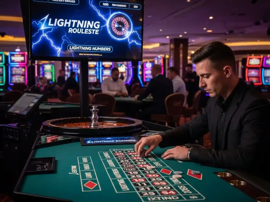 Casino player cheering as the Lightning Roulette ball lands at s5 casino free, surrounded by bright lights and excitement.