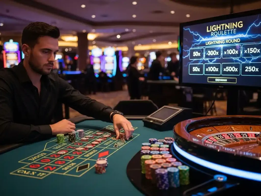 Focused player placing strategic bets on Lightning Roulette at s5 casino free, wheel spinning with lightning effects.