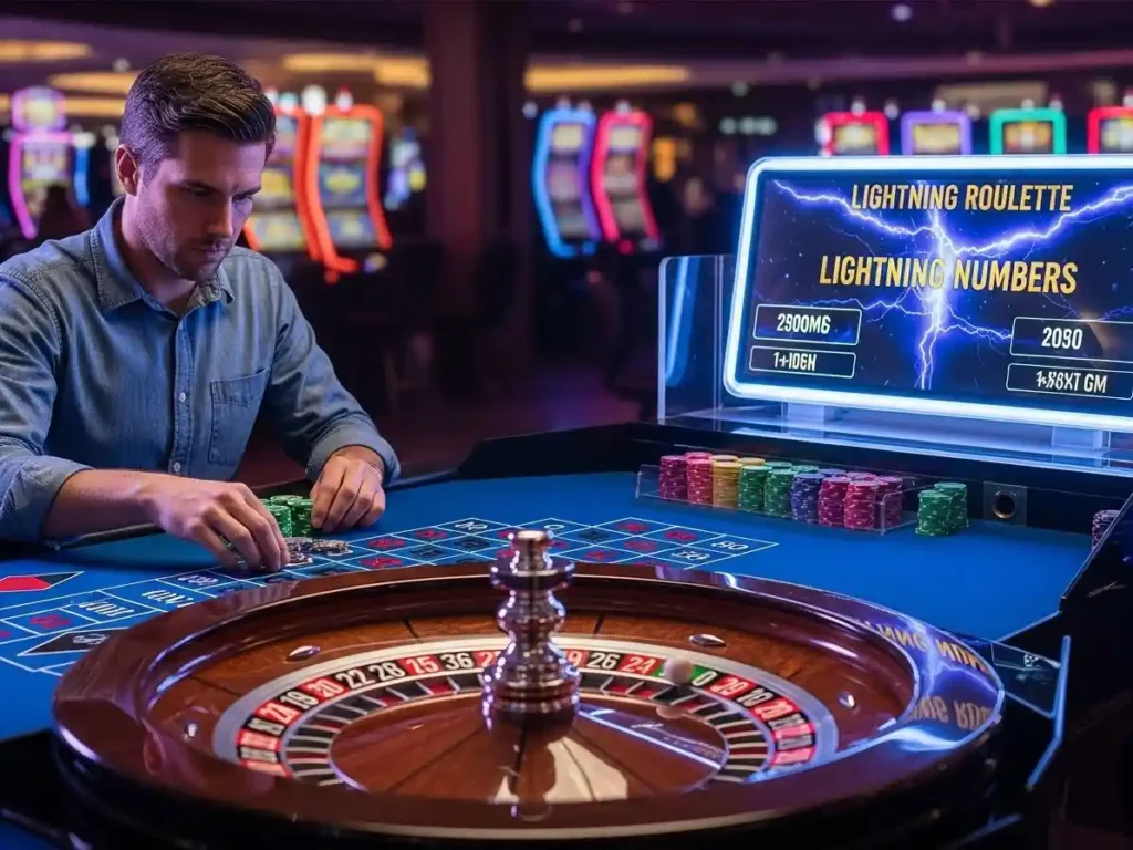 Person placing bets on a Lightning Roulette table at s5 casino free, with the wheel and lightning graphics in action.