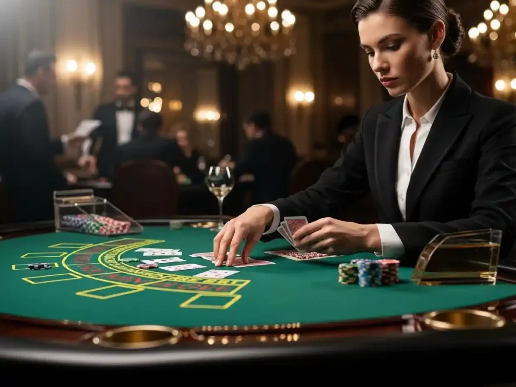 Player watching cards being dealt during a Chemin de Fer game at solowin casino.