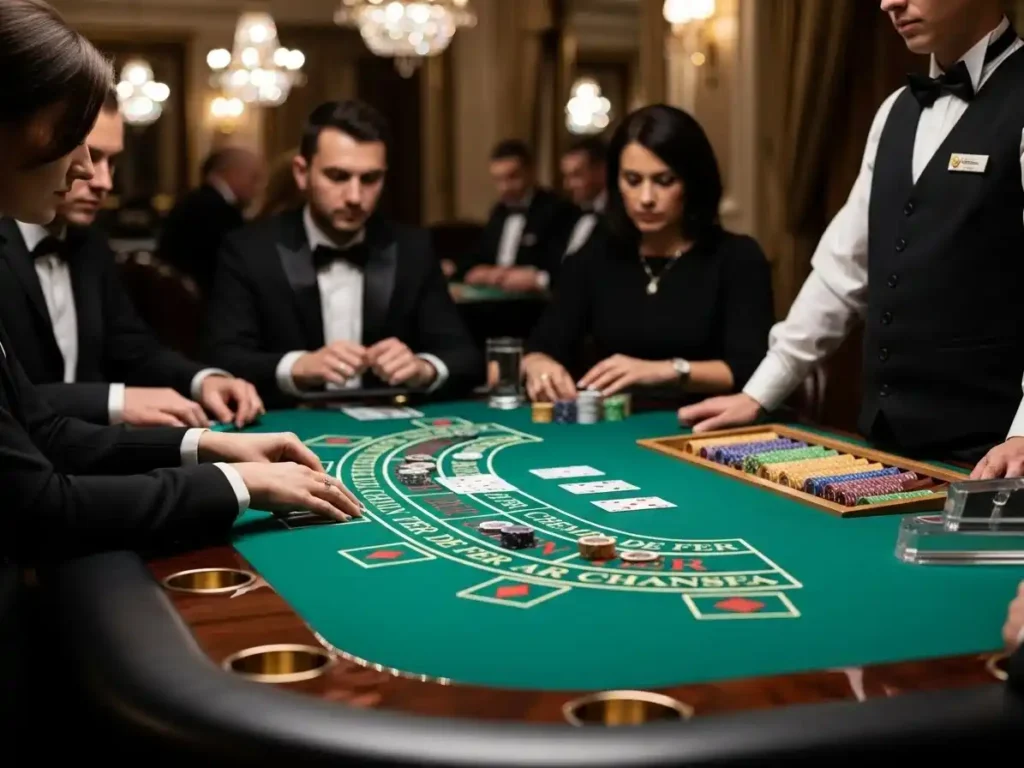Gambler placing bets while playing Chemin de Fer at solowin casino table.