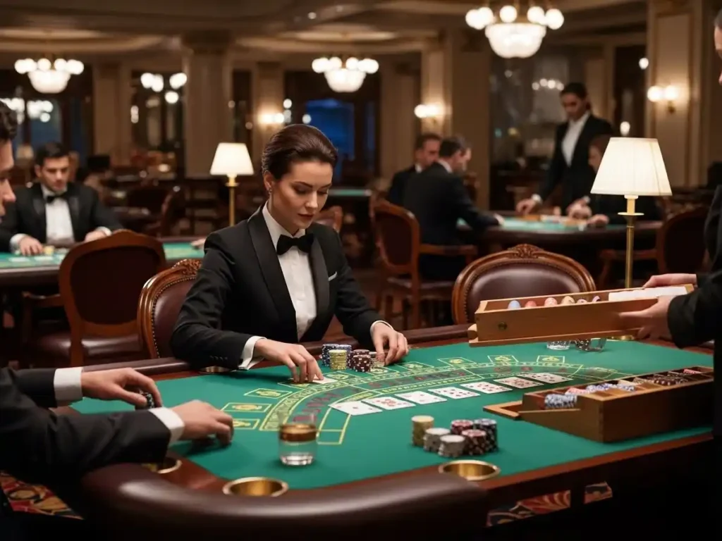 Person playing Chemin de Fer at solowin casino, placing cards on the table in a classic casino setting.