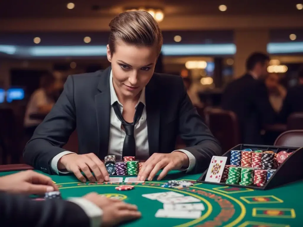 Casino guest analyzing their cards during a game of Stud Poker at tala casino.