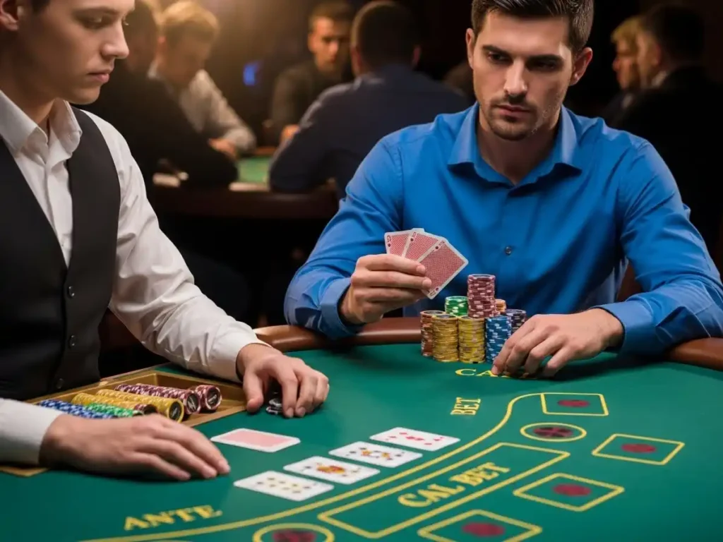 Focused poker player participating in Stud Poker at tala casino with chips stacked on the table.