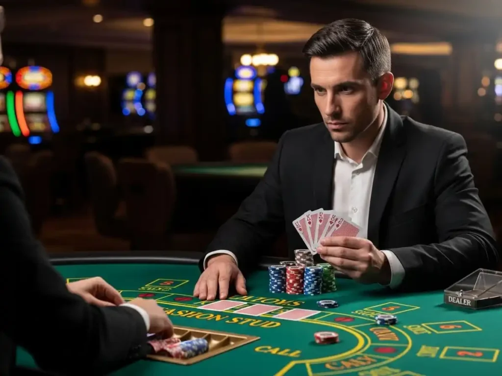 Person playing Stud Poker at tala casino, holding cards and chips at a professional casino table.