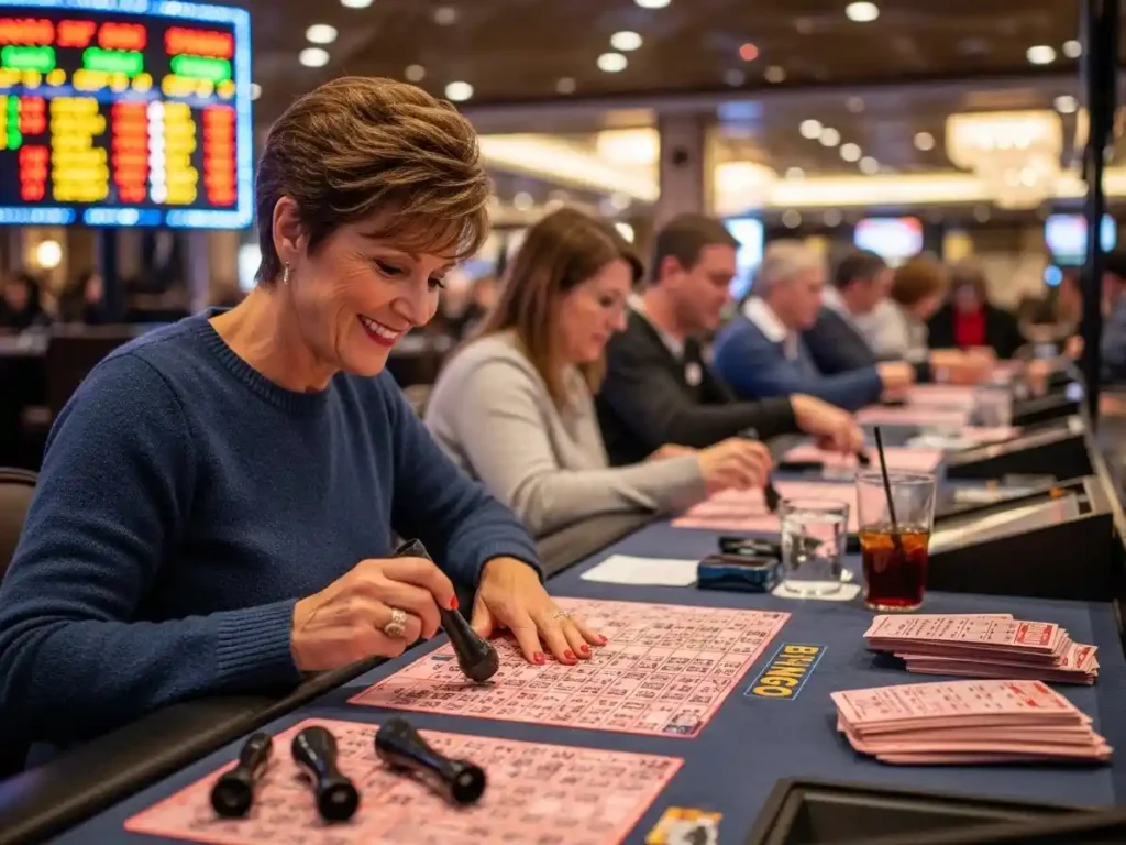 Excited casino-goer checking a bingo card at 37jl casino, surrounded by other players.
