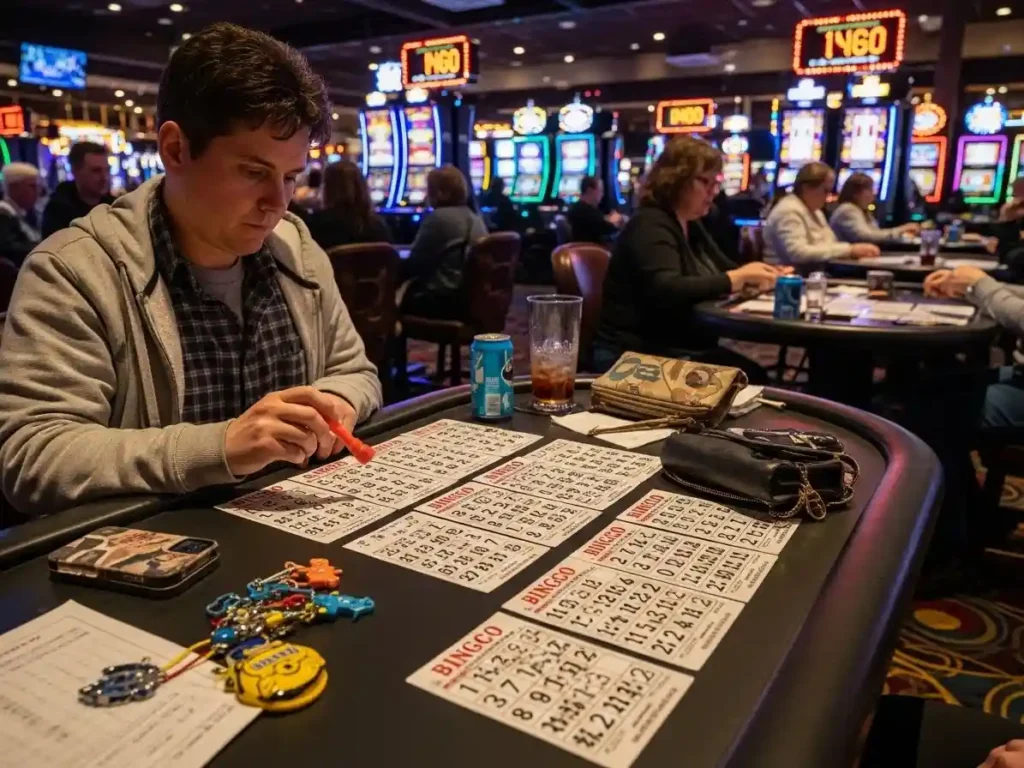 Focused player marking bingo numbers on a card at 37jl casino table.