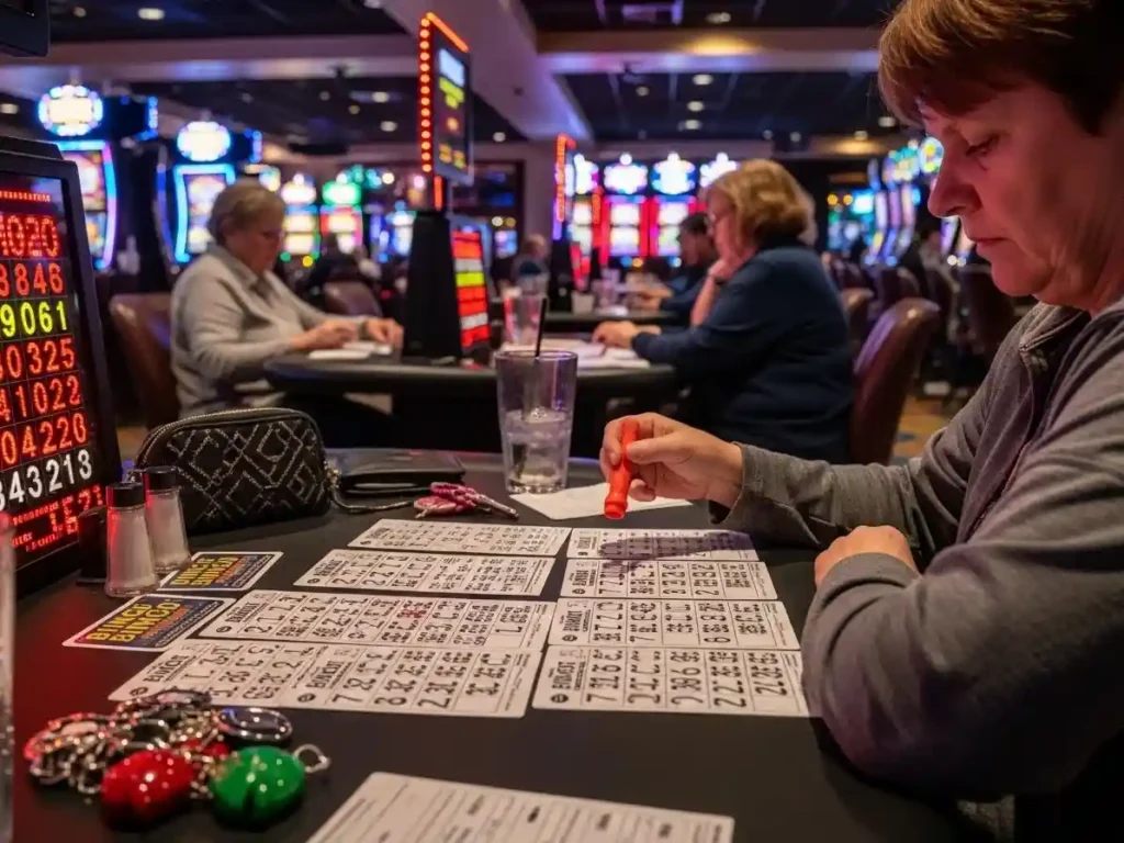 Happy player celebrating a bingo win at 37jl casino with colorful cards and chips.