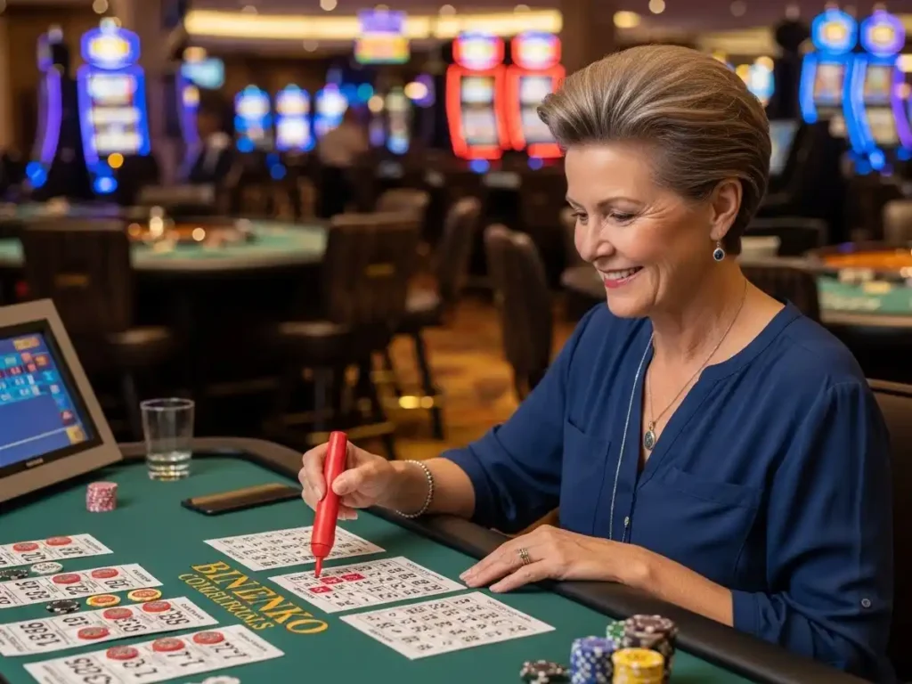 Person marking numbers on a bingo card at 37jl casino, enjoying the lively casino atmosphere.