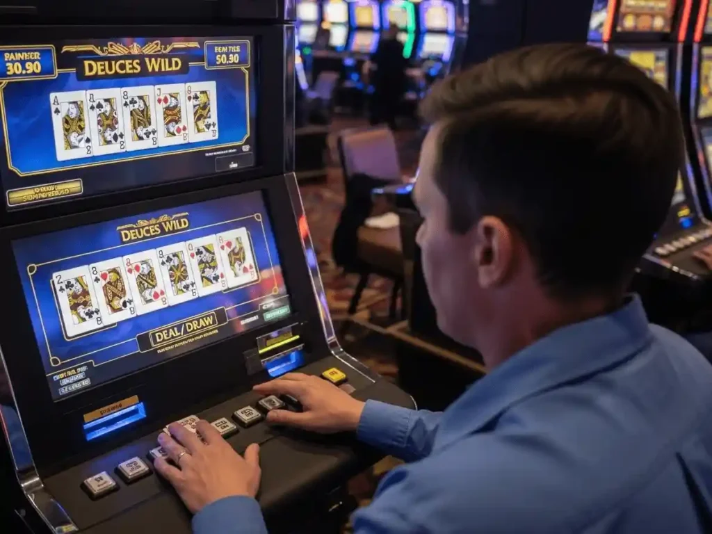 Gambler placing a bet on a Deuces Wild game at superace88 casino video poker machine.