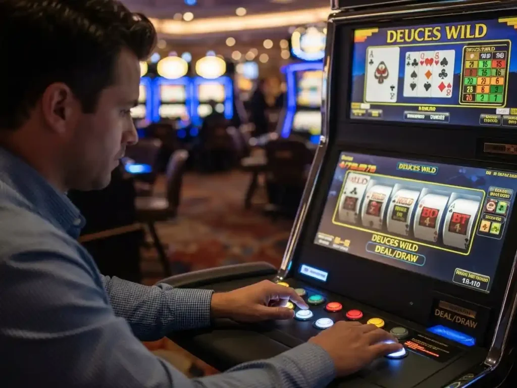 Casino guest focused on a Deuces Wild game at superace88 casino, with poker chips on the machine.
