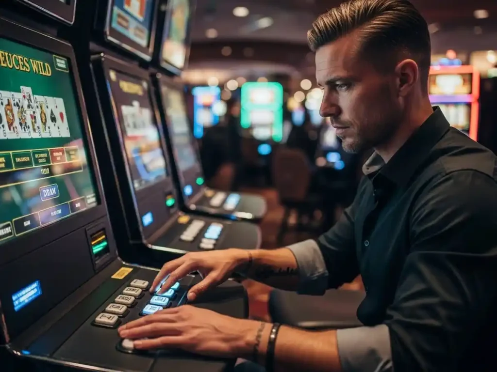 Person playing Deuces Wild video poker at superace88 casino, holding winning cards and smiling at the screen.