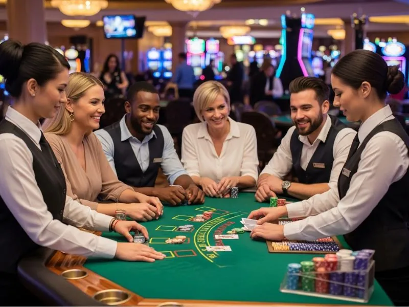 A 6s app casino login group of friends gathered around a blackjack table in an online casino setting.