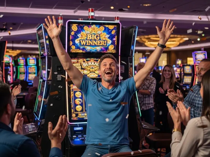 A 6s app casino login player celebrating a big jackpot win on a slot machine in an online casino.