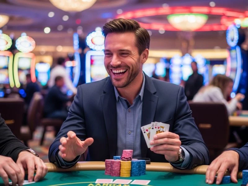 aeowin casino confident player showing a winning hand to friends during an exciting online casino game