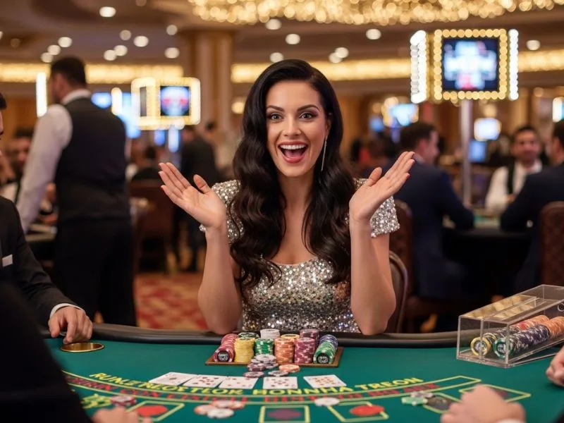 aeowin casino player raising a hand in excitement after winning a slot jackpot during an online casino game