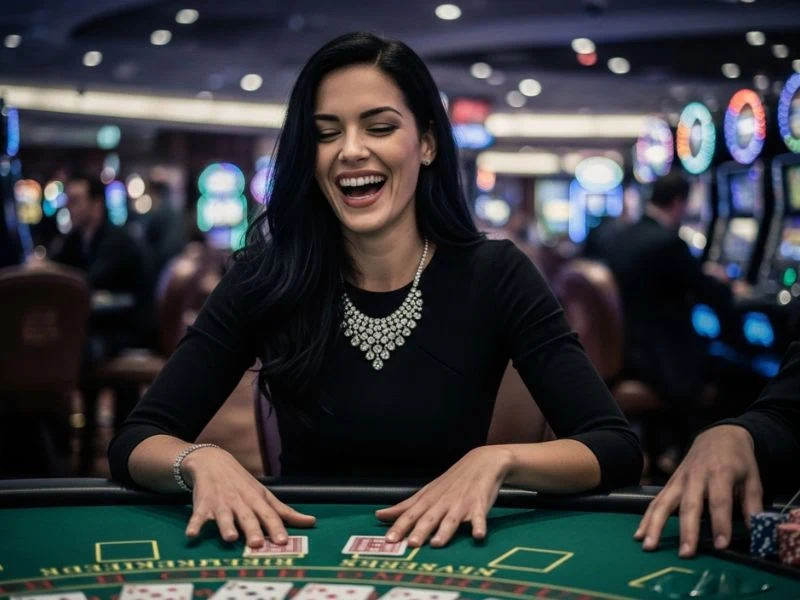 bs88 casino woman confidently going all in at a poker table during an online casino game