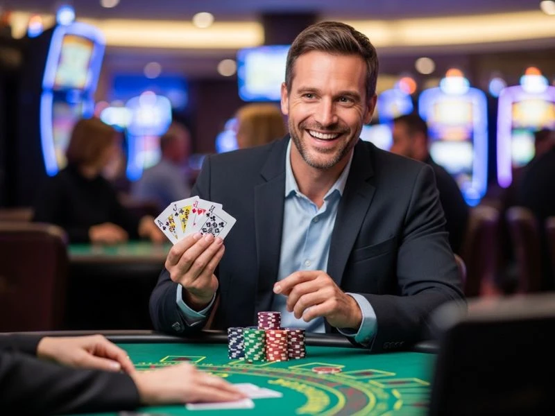 bw777 com casino man smiling while holding playing cards during a relaxed online casino game