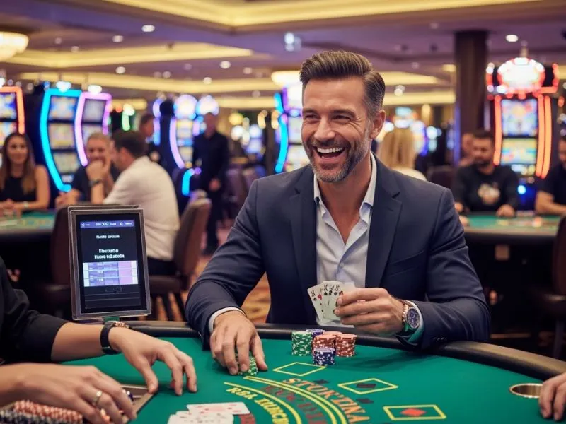 goplus casino happy players laughing while bluffing in a card game during an online casino session