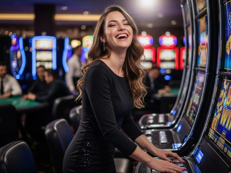goplus casino woman smiling while slot reels spin during an online casino game