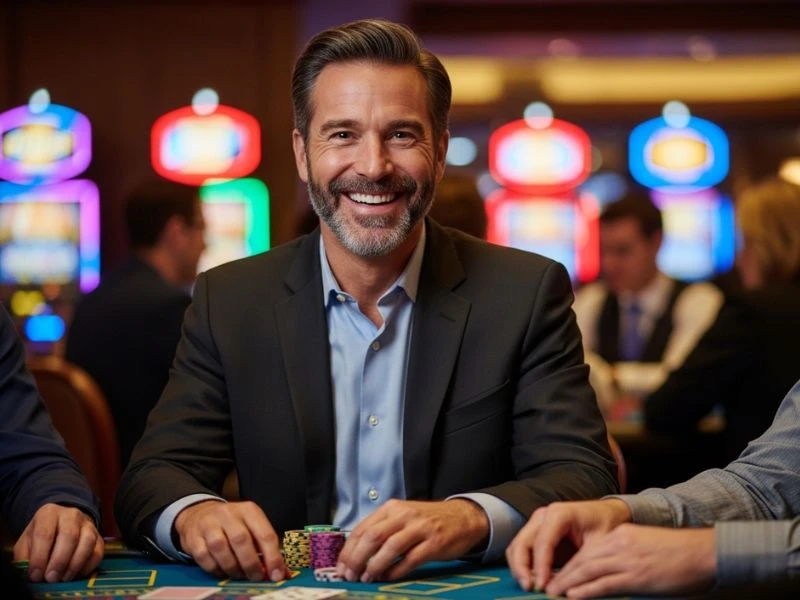 happy 777 casino man smiling while reading his opponents during an online casino card game