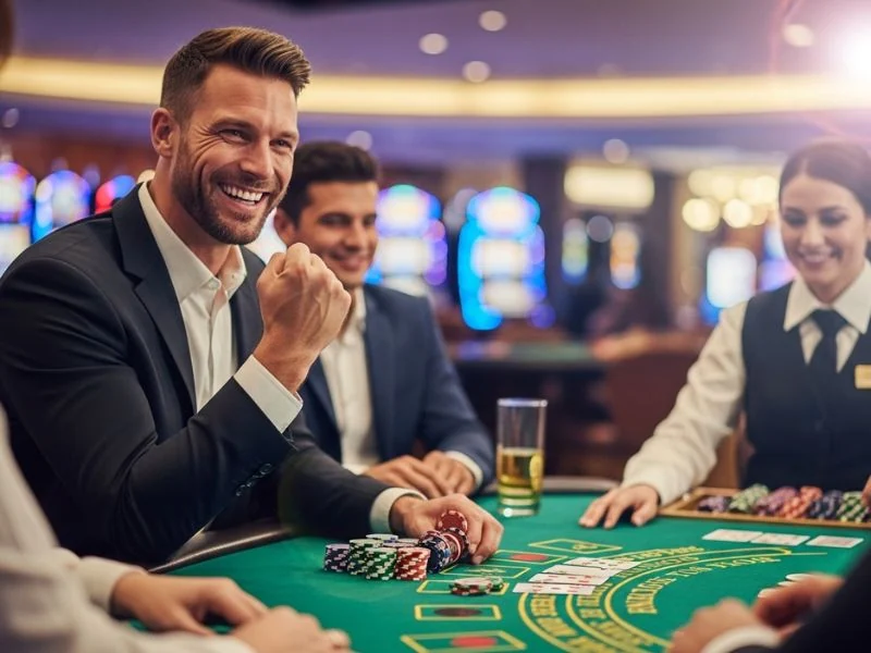 pacquiao online casino man leaning back in satisfaction after a lucky blackjack win during an online casino game